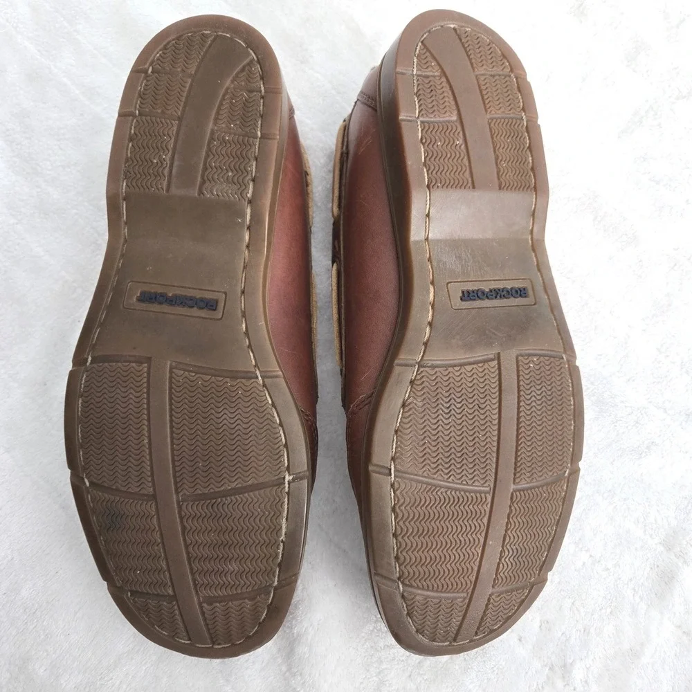 Frye-ROCKPORT Colab Mens Boat Shoes Size 9W‎ Leather Brown Rawhide Ties Nautical